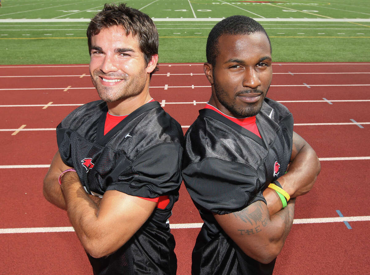 The University of the Incarnate Word Cardinals running backs Trent Rios, left, and Marcus Wright, pose during media day at Benson Stadium, Monday, Aug. 13, 2012.