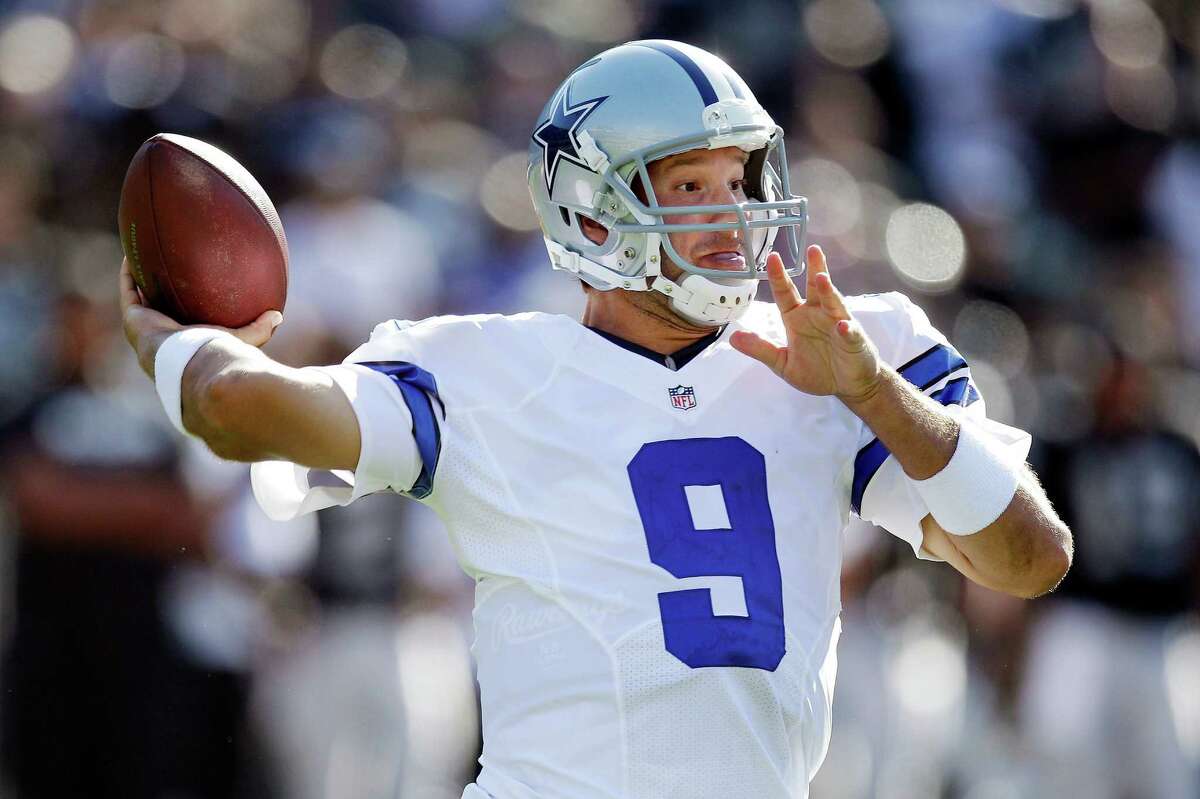 Dallas Cowboys quarterback Tony Romo (9) passes against the Oakland Raiders during the first quarter of an NFL preseason football game in Oakland, Calif., Monday, Aug. 13, 2012. (AP Photo/Ben Margot)