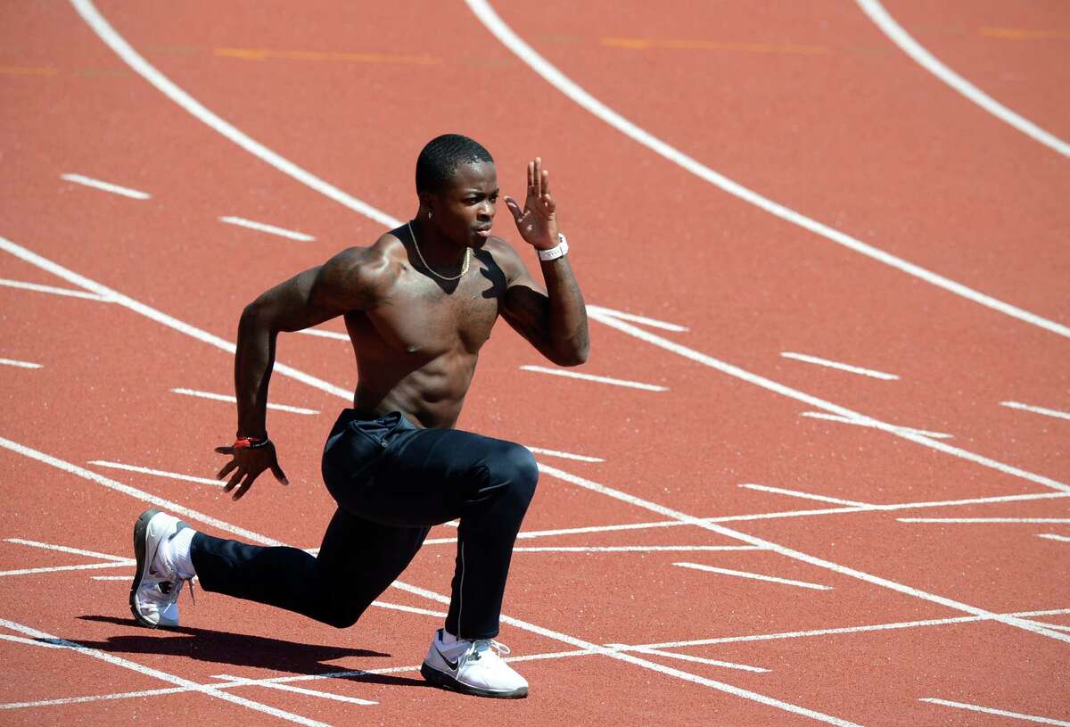 U.S athlete Marquise Goodwin is seen during a training session at Alexander Stadium, the US athletics training camp, in Birmingham on July 23, 2012. Mitchell will be competing in the 400 metres relay. AFP PHOTO / ADRIAN DENNISADRIAN DENNIS/AFP/GettyImages