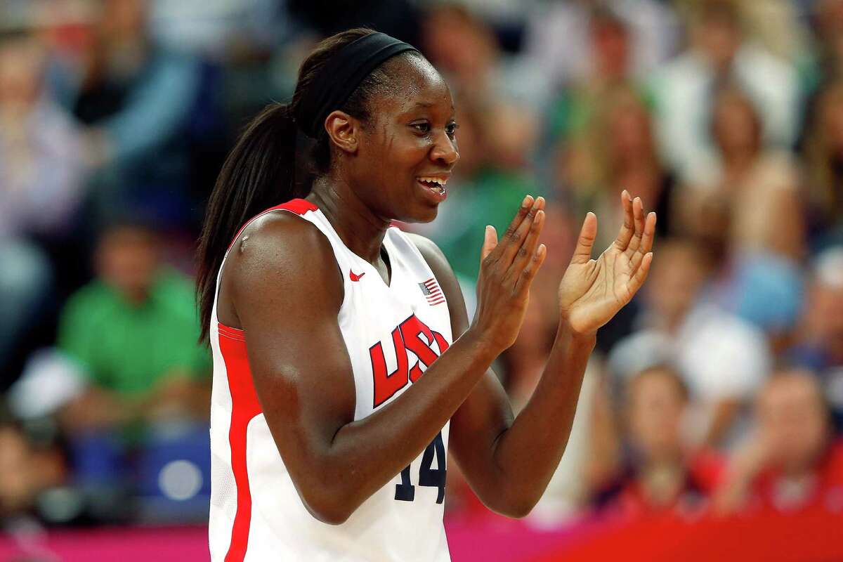 LONDON, ENGLAND - AUGUST 11: Tina Charles #14 of United States reacts in the second quarter while taking on France during the Women's Basketball Gold Medal game on Day 15 of the London 2012 Olympic Games at North Greenwich Arena on August 11, 2012 in London, England. (Photo by Jamie Squire/Getty Images)