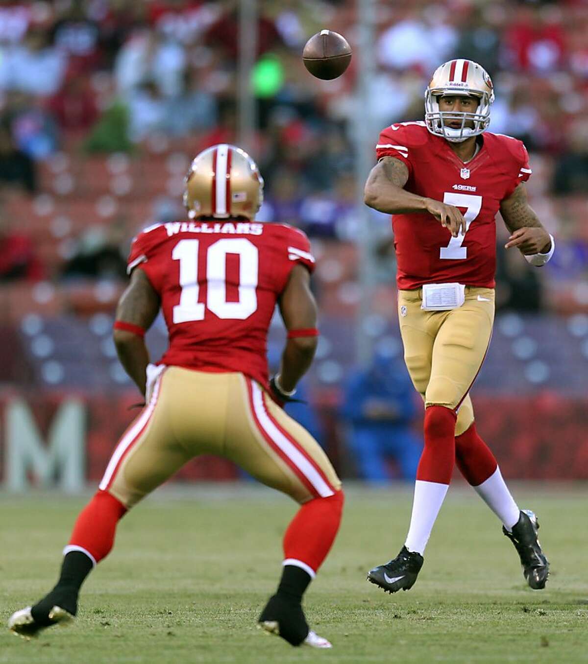 San Francisco 49ers Colin Kaepernick (7) completes a pass to Kyle Williams (10) in the second quarter against the Minnesota Vikings in a preseason exhibition game Friday August 10, 2012 in San Francisco Calif.