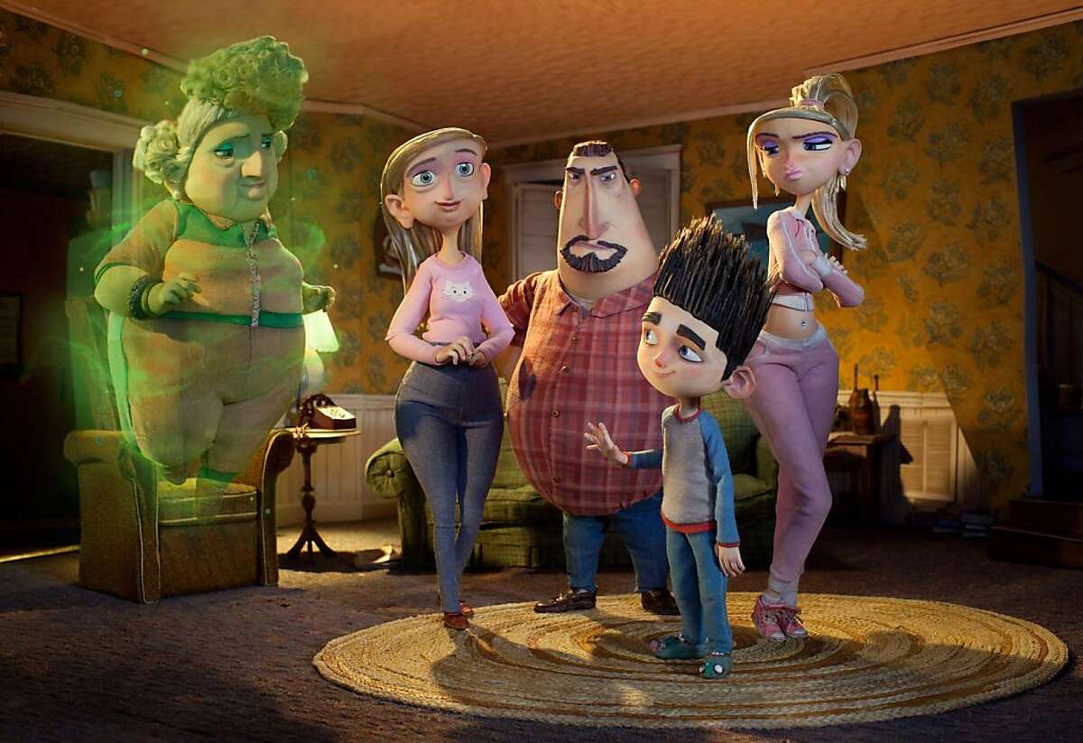 This film image released by Focus Features shows characters, from left, Grandma Babcock, voiced by Elaine Stritch, Sandra Babcock, voiced by Leslie Mann, Perry Babcock, voiced by Jeff Garlin, Norman, voiced by Kodi Smit-McPhee, and Courtney, voiced by Anna Kendrick, in the 3D stop-motion film, "ParaNorman." (AP Photo/Focus Features)