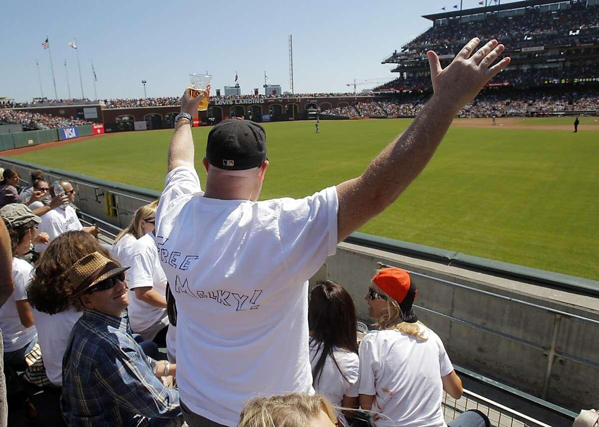 Michael Lutz of Mountain View shows his support for Melky Cabrera with a "Free Melky" slogan penned on a t-shirt. He and several friends wore shirts referring to Cabrera's suspension as the San Francisco Giants played the Washington Nationals at AT&T Park in San Francisco, Calif., on Wednesday, August 15, 2012. MLB announced the suspension of Melky Cabrera earlier in the day for using testosterone, leaving the Giants without one of their best offensive players and the Giants lost to the Nationals 6-4.