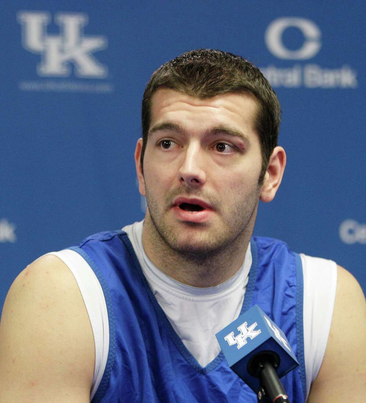Kentucky's Josh Harrellson answers a question during a news conference in Lexington, Ky., Tuesday, March 29, 2011. Harrellson's teammates call him Jorts. Opposing coaches have called him everything from "mother hen" to the most underrated big man in the country. (AP Photo/Ed Reinke)