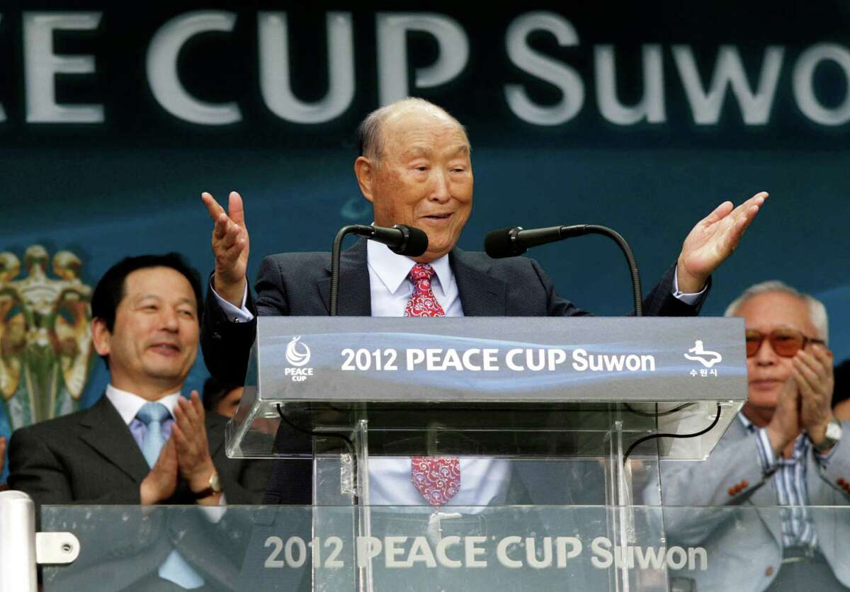 FILE - In this July 19, 2012 file photo, Rev. Sun Myung Moon, the controversial founder of the Unification Church, speaks during the opening ceremony of the 2012 Peace Cup Suwon at Suwon World Cup Stadium in Suwon, South Korea. Moon, who founded the Unification Church in Seoul in 1954, is being treated in an intensive-care unit at a hospital in Seoul for pneumonia. The Rev. Joshua Cotter, vice president of the Unification Church USA, says Moon entered the hospital on Aug. 13 and is in critical condition. (AP Photo/Ahn Young-joon, File)