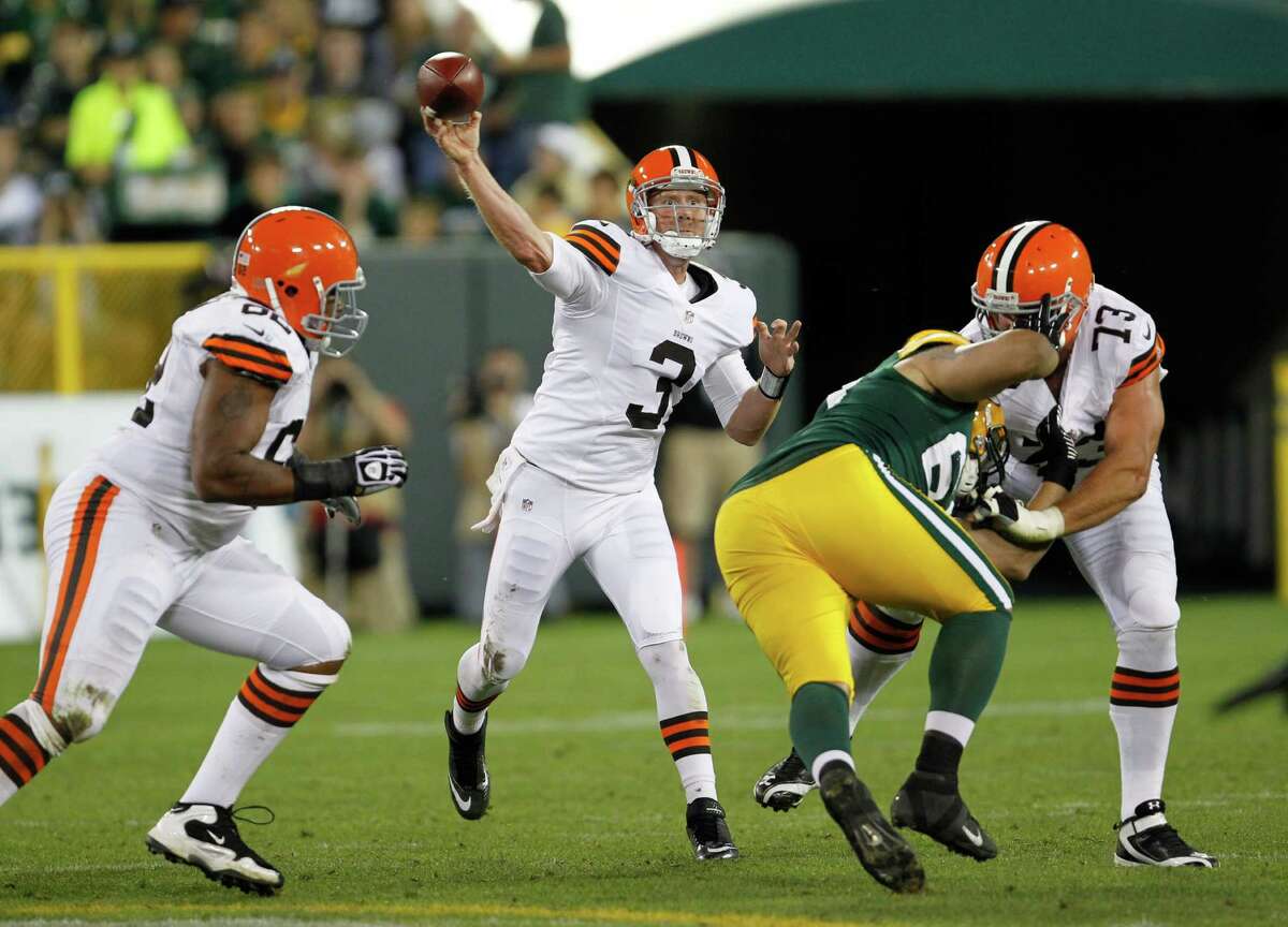 Brandon Weeden, named the starter at quarterback for the Browns, was 12-of-20 for 118 yards in the first half of Cleveland's win at Green Bay on Thursday night.