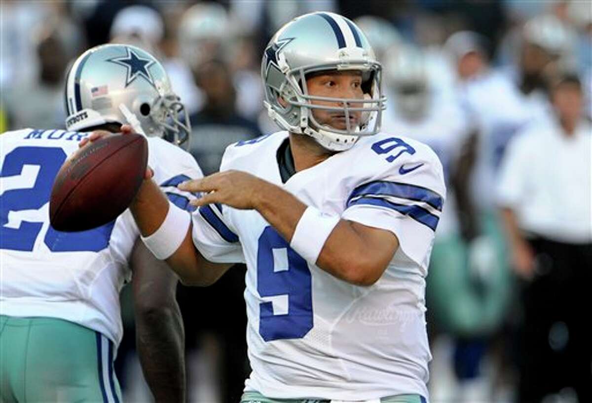 Dallas Cowboys quarterback Tony Romo looks for a receiver during the first quarter of a NFL preseason football game against the San Diego Chargers Saturday, Aug. 18, 2012 in San Diego. (AP Photo/Denis Poroy)