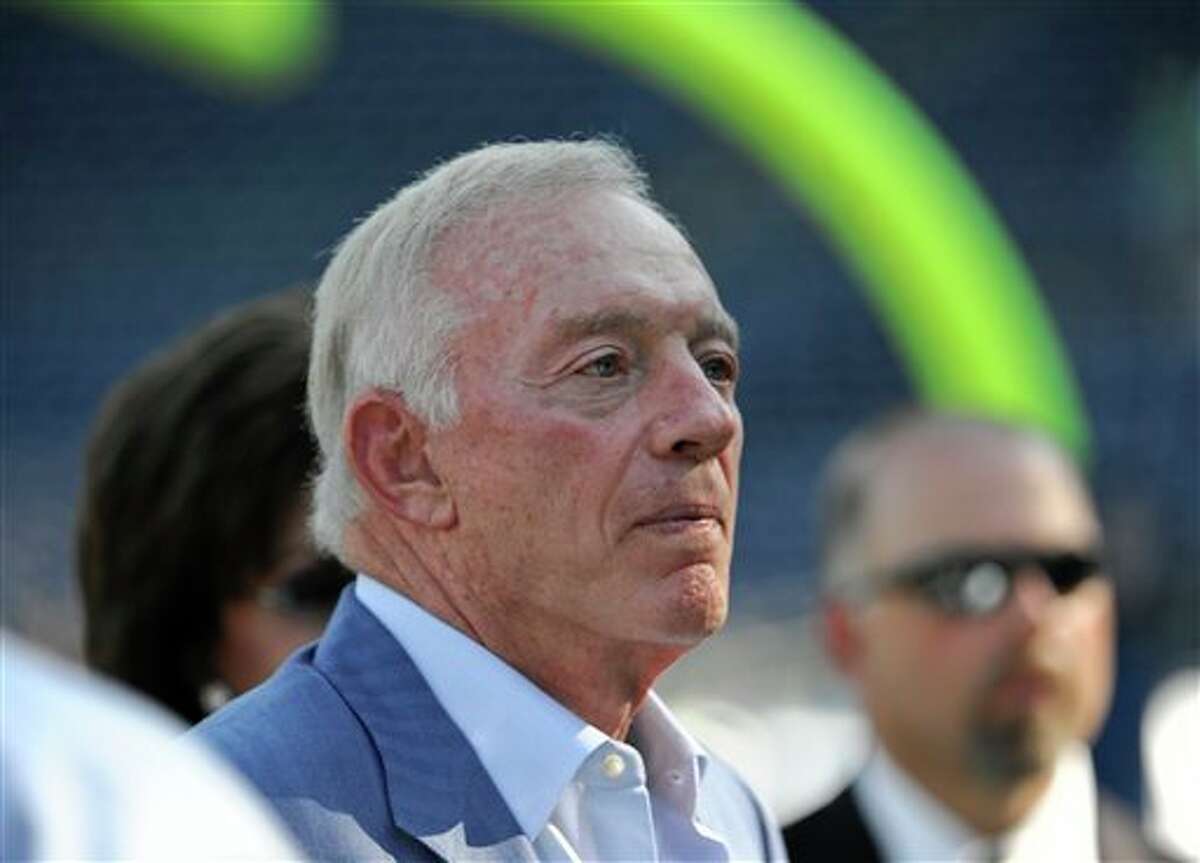 Dallas Cowboys owner Jerry Jones talks prior to the start of a NFL preseaso...
