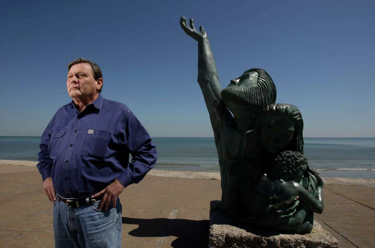 Bill Merrell, TAMU-Galveston oceanographer, proposes to build an Ike Dike from one end of Galveston Island across Bolivar Peninsula Tuesday, April 7, 2009, in Houston. Shown at the statue along the Seawall commemorates the storm that devastated the island city of Galveston in 1900. (Melissa Phillip / Chronicle ) for Eric Berger story