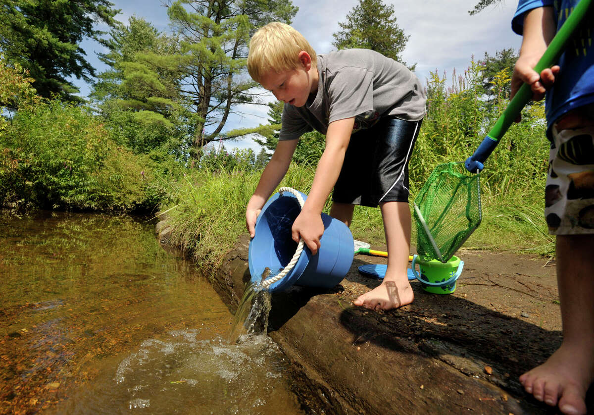 FILE: Matthijs Schickendantz, 6, returns the crayfish he caught to Deep Brook before repeating the process again at Dickinson Memorial Park in Newtown.