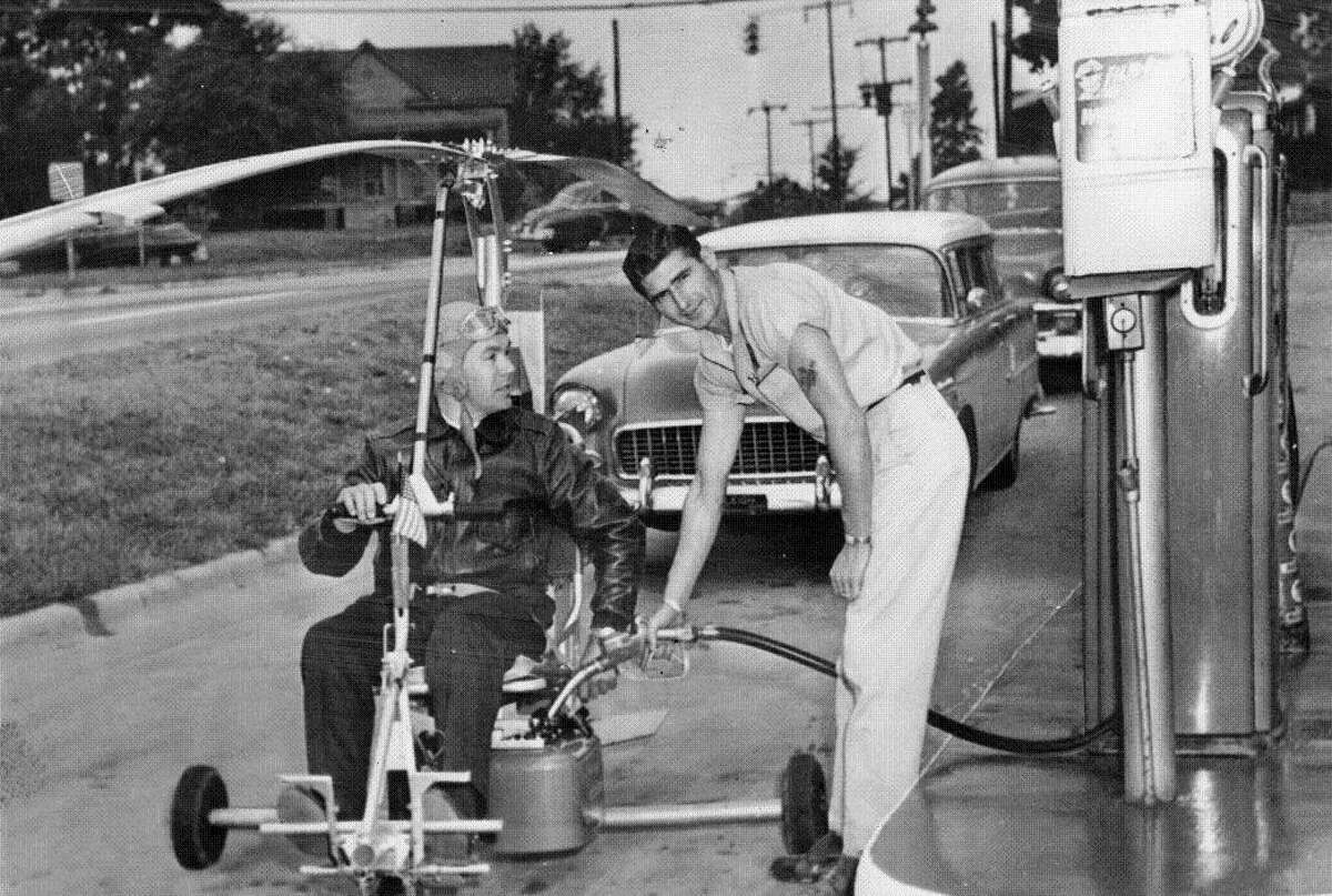 Aug. 14, 1958: Gyrocopter inventor Igor Benson gasses up in North Carolina. From there, he headed to Australia, survived the apocalypse, hung out with Mel Gibson, ate dog food and battled roving bands of marauders. (UPI photo)
