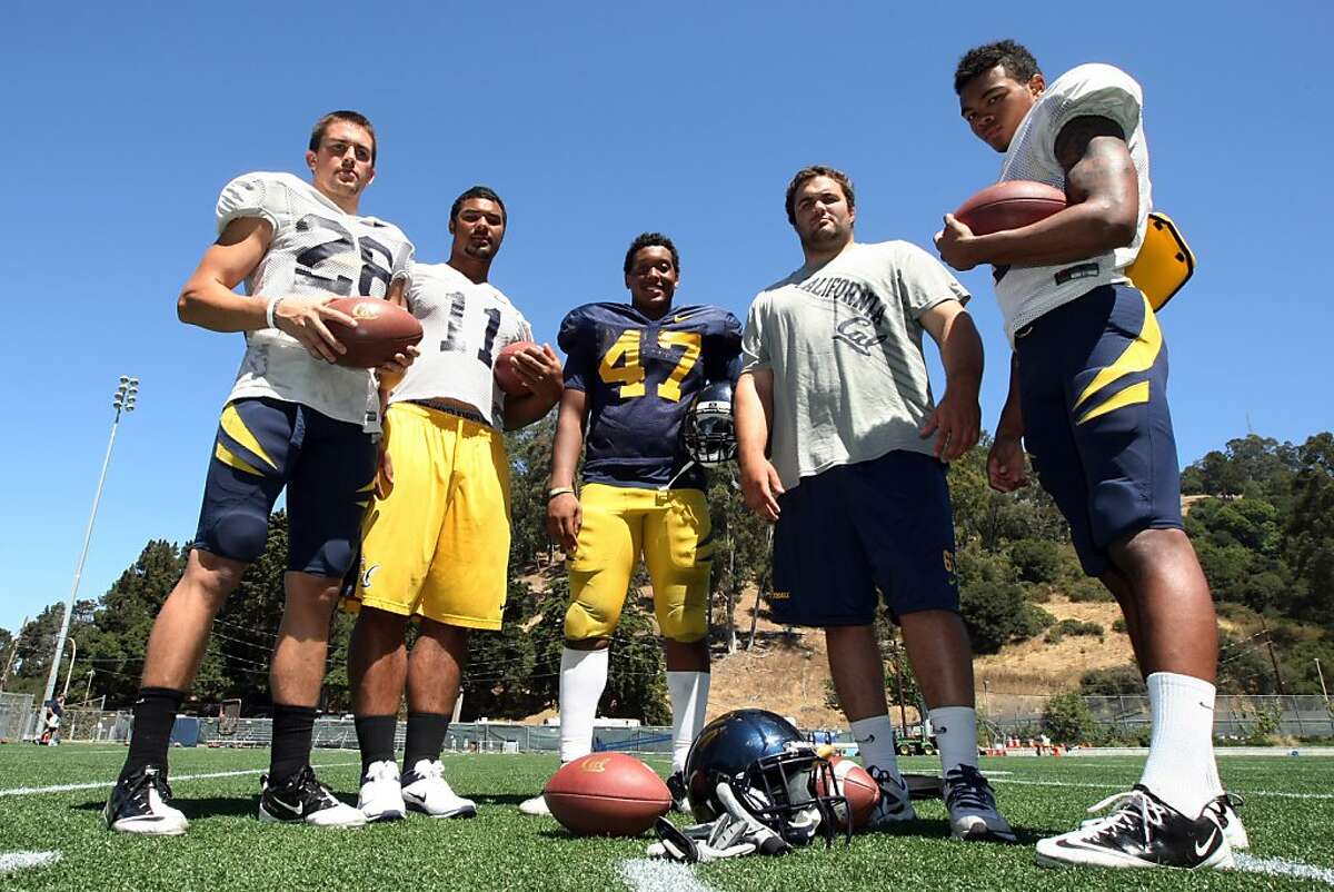 Cal football players from left to right, Jackson Bouza, Richard Rodgers, Hardy Nickerson, Dominic Galas, and Bryce Treggs, stand on the Whitter Rugby Field near the Cal stadium in Berkeley after practice Saturday, August 11, 2012. All five teammates have fathers who once played for Cal.