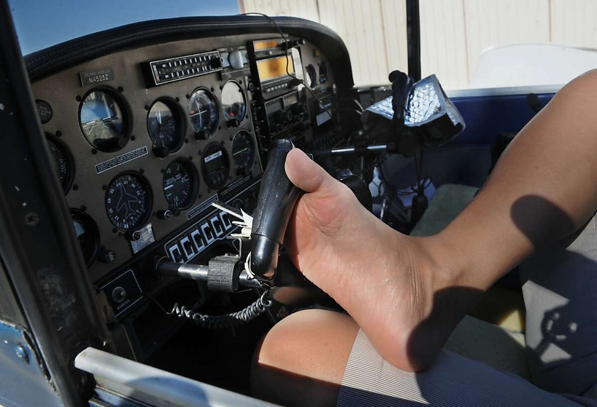 Jessica Cox shows how she uses her feet to fly and control an airplane. She drives cars and otherwise lives a normal life using her feet as others use their hands. She will be at the Camarillo Airport this weekend promoting her documentary, "Rightfooted."