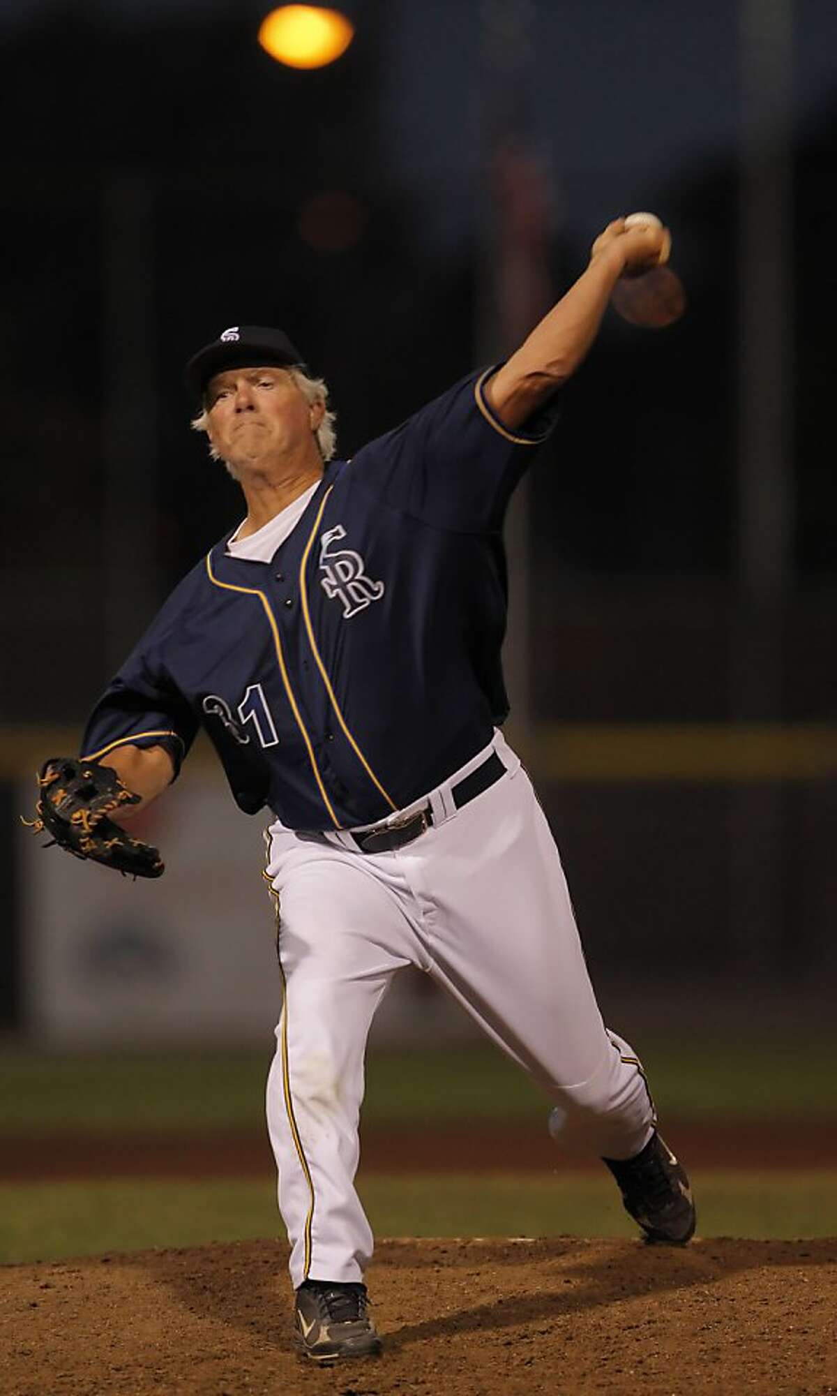 Bill "Spaceman" Lee pitches against Maui's Na Koa Ikaika at Albert Park in San Rafael, Calif., on Thursday, August 23, 2012. Bill "Spaceman" Lee played with the hopes to become the oldest man to win a professional baseball game when he takes the mound on Thursday for the San Rafael Pacifics.