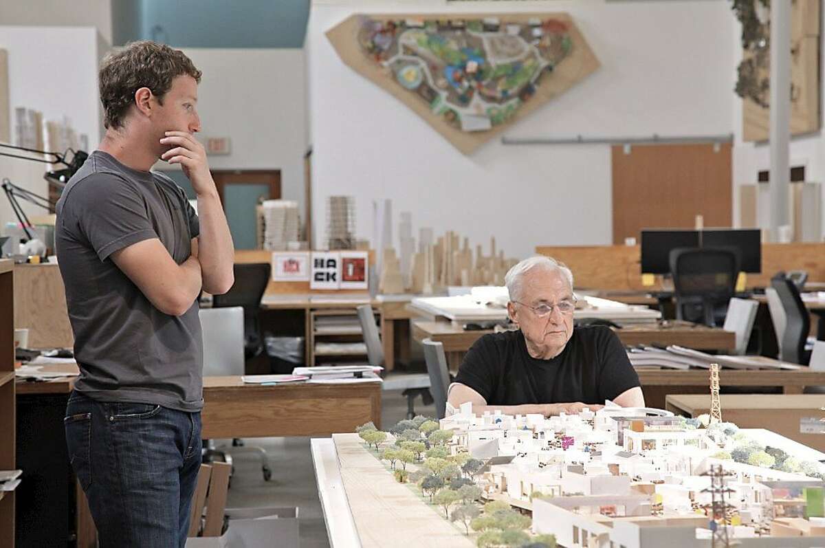 Facebook co-founder Mark Zuckerberg and architect Frank Gehry reviews the Facebook West design.