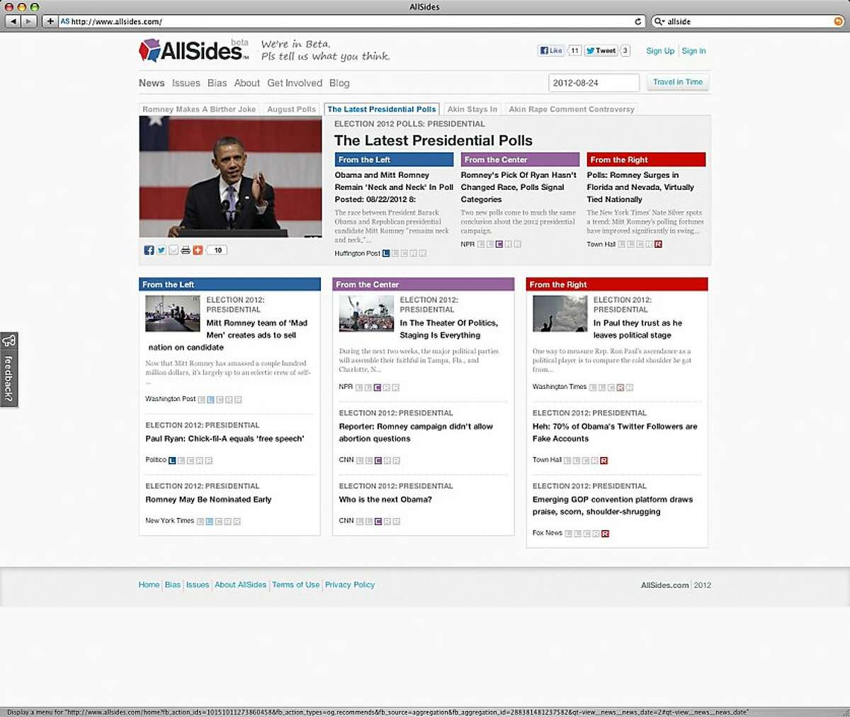 A screenshot of AllSides, a non-partisan website that distills news into all political spectrums. Allsides is a San Francisco startup.