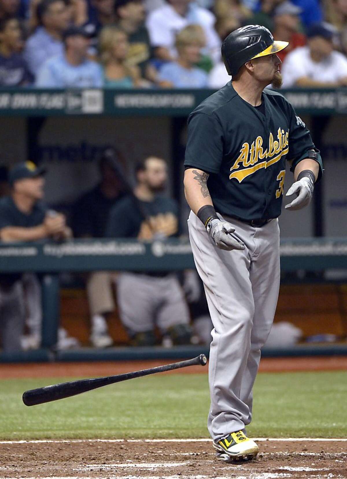 Oakland Athletics' Jonny Gomes watches his two-run home run during the eighth inning of a baseball game against the Tampa Bay Rays in St. Petersburg, Fla., Friday, Aug. 24, 2012. (AP Photo/Phelan M. Ebenhack)