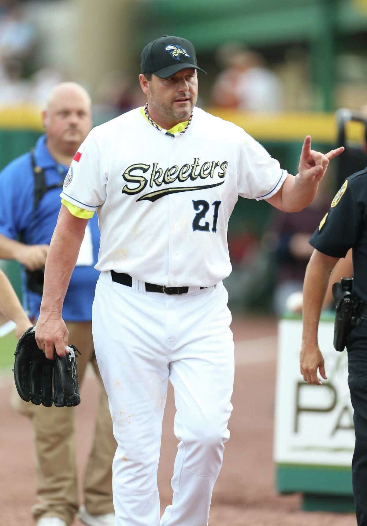 Roger Clemens walks to the dugout before the start of the Sugar Land Skeeters baseball game against Bridgeport at Constellation Field, Sunday, Aug. 26, 2012, in Sugar Land, where Roger Clemens was set to take the mound.