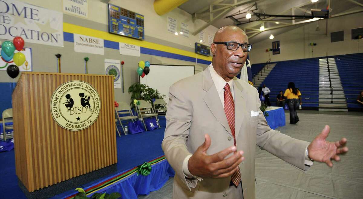 Outgoing BISD Superintendent Carrol Thomas speaks after this year's convocation. Dave Ryan/The Enterprise