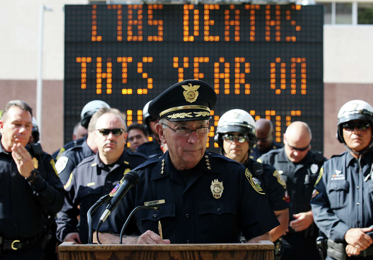 Bexar County Sheriff Amadeo Ortiz, in picture, and San Antonio Police Chief William McManus hold a press conference on Tuesday, Aug. 27, 2012 announcing an increase of law enforcement patrol over the Labor Day Weekend. The aim is to reduce vehicular accidents and injuries due to excessive speed or alcohol use.