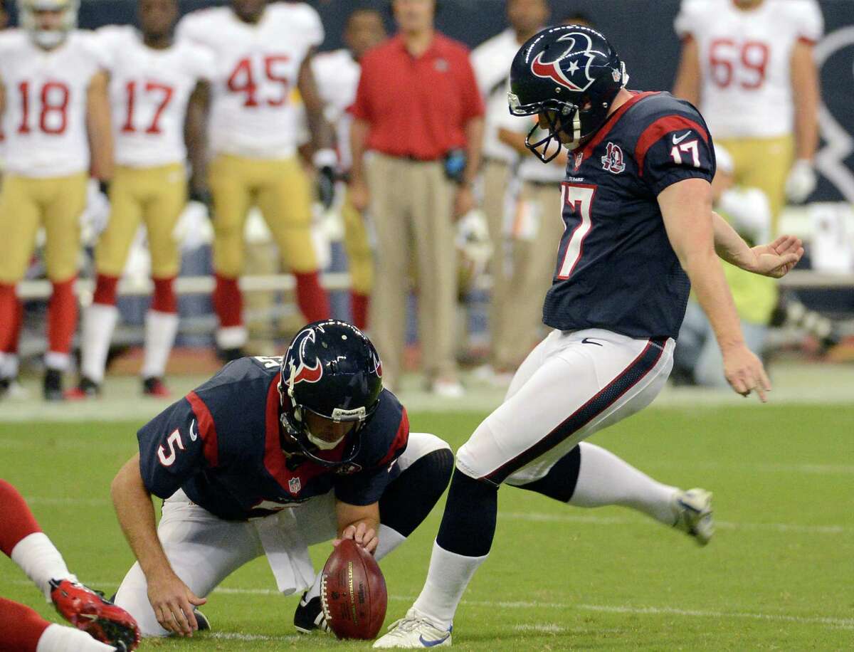 Houston Texans' Shayne Graham (17) kicks a field goal as Donnie Jones (5) holds the ball to put the Texans on the score board against the San Francisco 49ers in the first quarter an NFL preseason football game Saturday, Aug. 18, 2012, in Houston. (AP Photo/Dave Einsel)