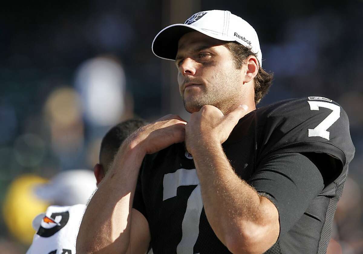Oakland Raiders Kyle Boller on the sidelines after being replaces after the half by Carson Palmer, against the Kansas City Chiefs, Sunday October 23, 2011, in Oakland, Calif.