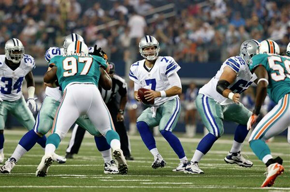 Dallas Cowboys quarterback Stephen McGee (7) drops back at the line of scrimmage in the first half of a preseason NFL football game against the Miami Dolphins Wednesday, Aug. 29, 2012, in Arlington, Texas. (AP Photo/Sharon Ellman)