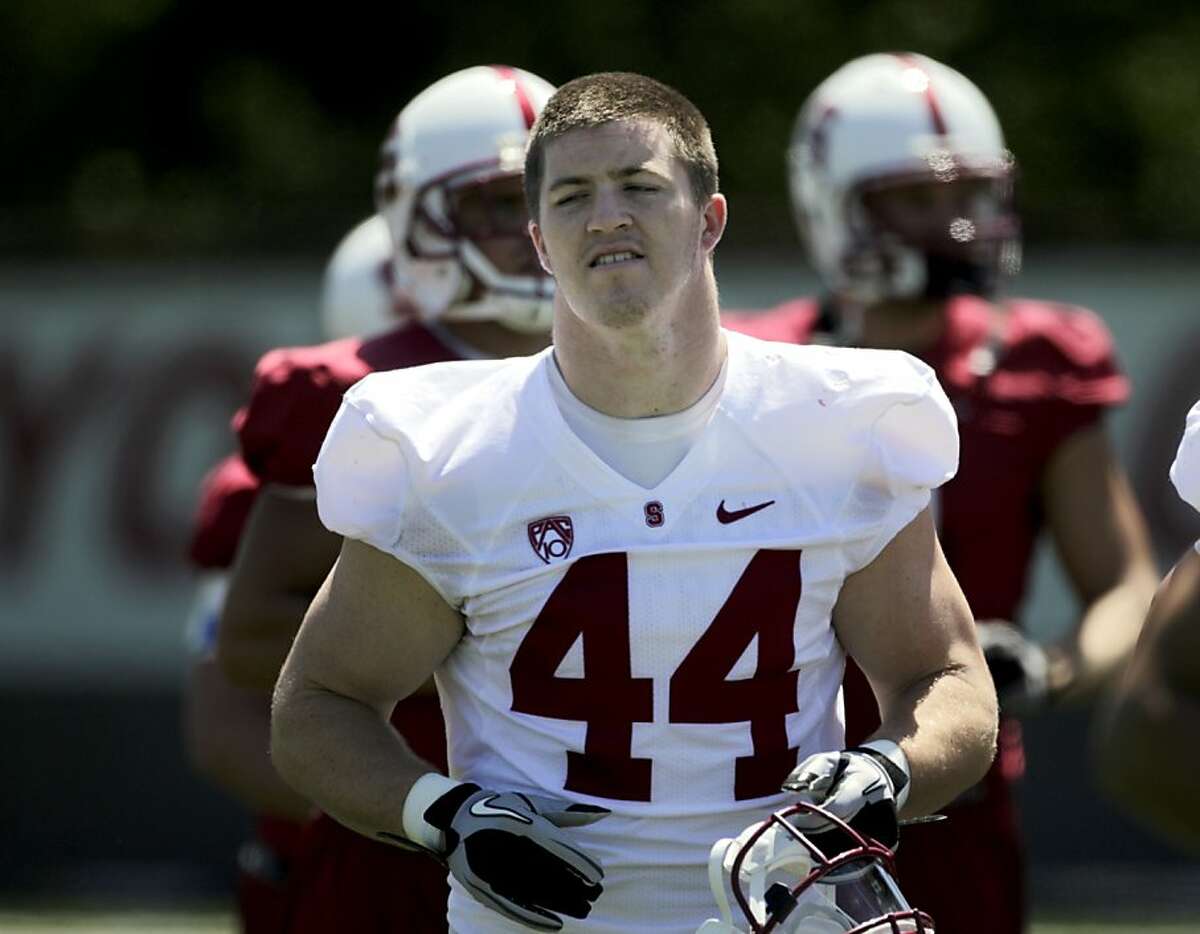 The Stanford's outside linebacker Chase Thomas during practice at training camp, Monday August 8, 2011, in Stanford Calif.