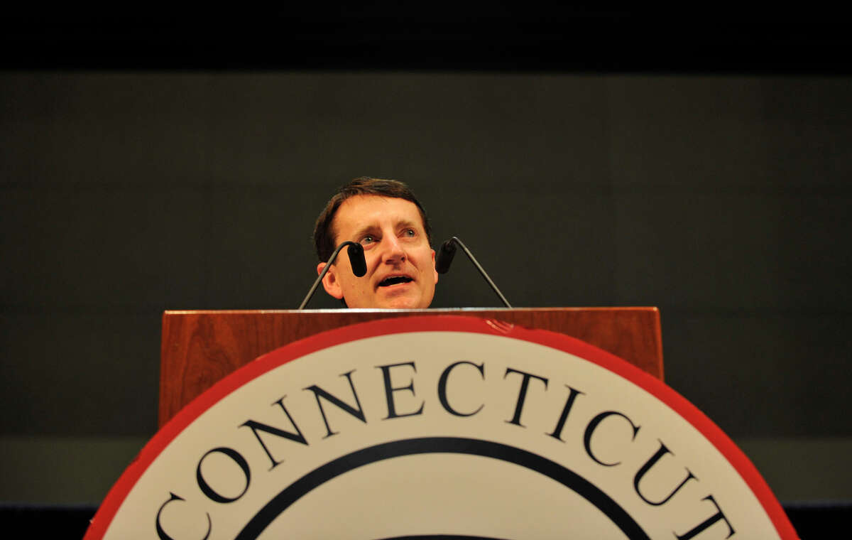 State Republican chairman Jerry Labriola gives the opening remarks during the state Republican convention at the Connecticut Convention Center in Hartford, Conn., on Friday, May 18, 2012.