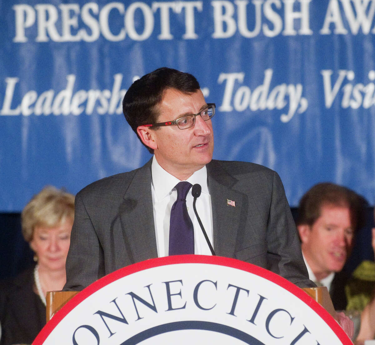 Jerry Labriola, Jr., Chairman of the Connecticut Republicans, introduces Ann Romney, wife of presumptive GOP presidential nominee Mitt Romney, during the Prescott Bush Award dinner at the Stamford Marriott Hotel & Spa in Stamford, Conn., April 23, 2012. The event is the biggest fundraiser of the year for the state GOP. Former Republican gubernatorial candidate Tom Foley of Greenwich received the the Bush award and state Rep. Lile Gibbons, R-150th District, also received an award during the ceremony.