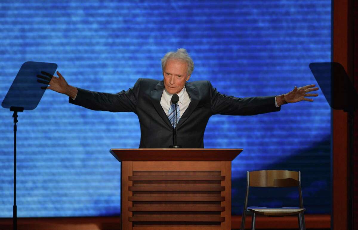 Actor-director Clint Eastwood speaks to the audience at the Tampa Bay Times Forum in Tampa, Florida, on August 30, 2012 on the last day of the Republican National Convention (RNC).