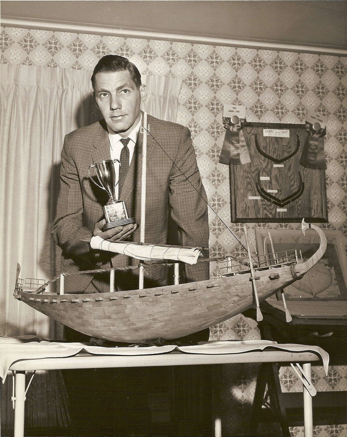 In 1963, J. Richard Steffy's model of an Egyptian ship won Best of Show in a county hobby fair in Pennsylvania. Many of his later models were destroyed as part of his research. (Photo courtesy of the Reading Eagle)