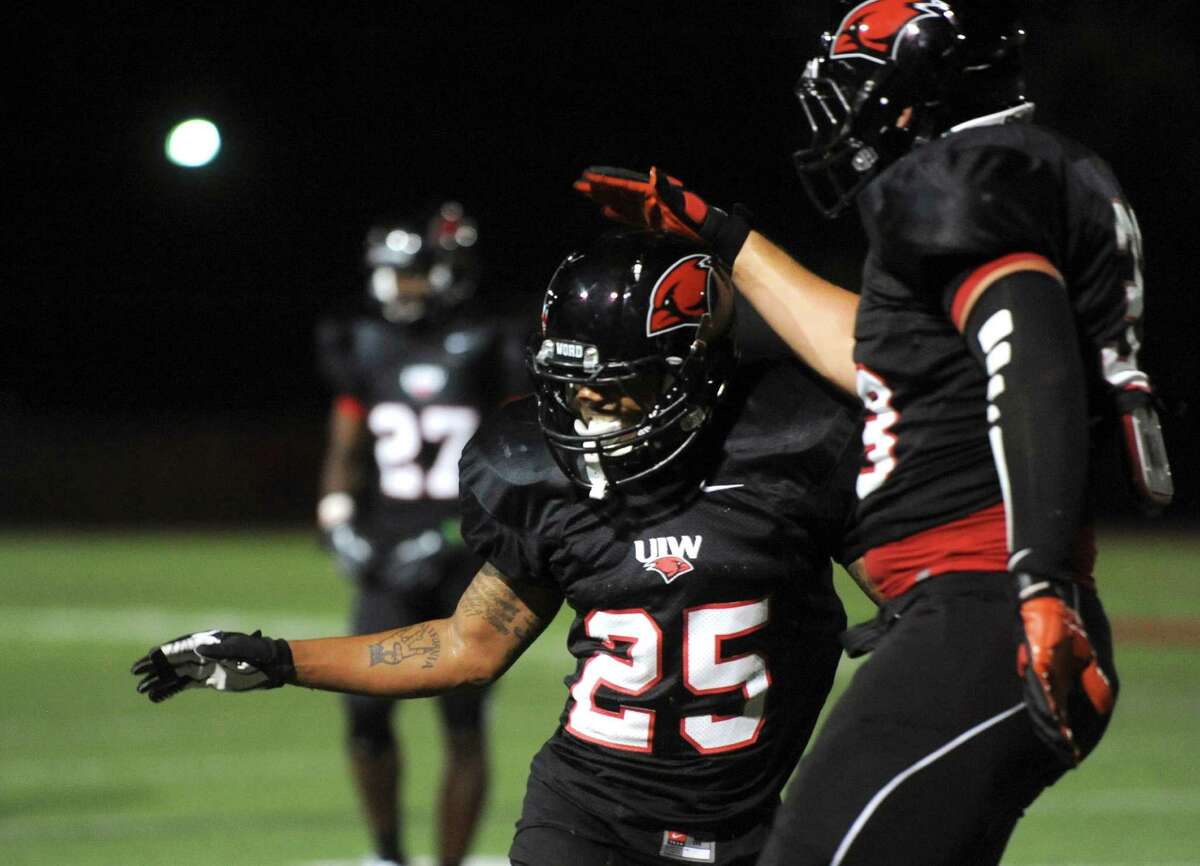 Cornerback Devan Avery of Incarnate Word celebrates after breaking up a touchdown pass attempt by Texas College during college football action at Benson Stadium on Saturday, Sept. 1, 2012.
