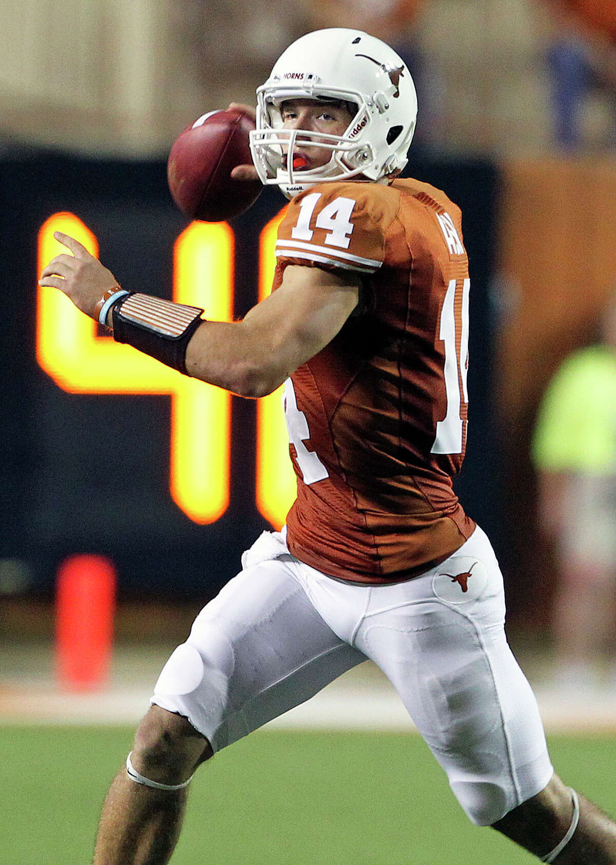 David Ash throws for the Longhorns as Texas hosts Wyoming at D.K.Royal Stadium in Austin on September 1, 2012.