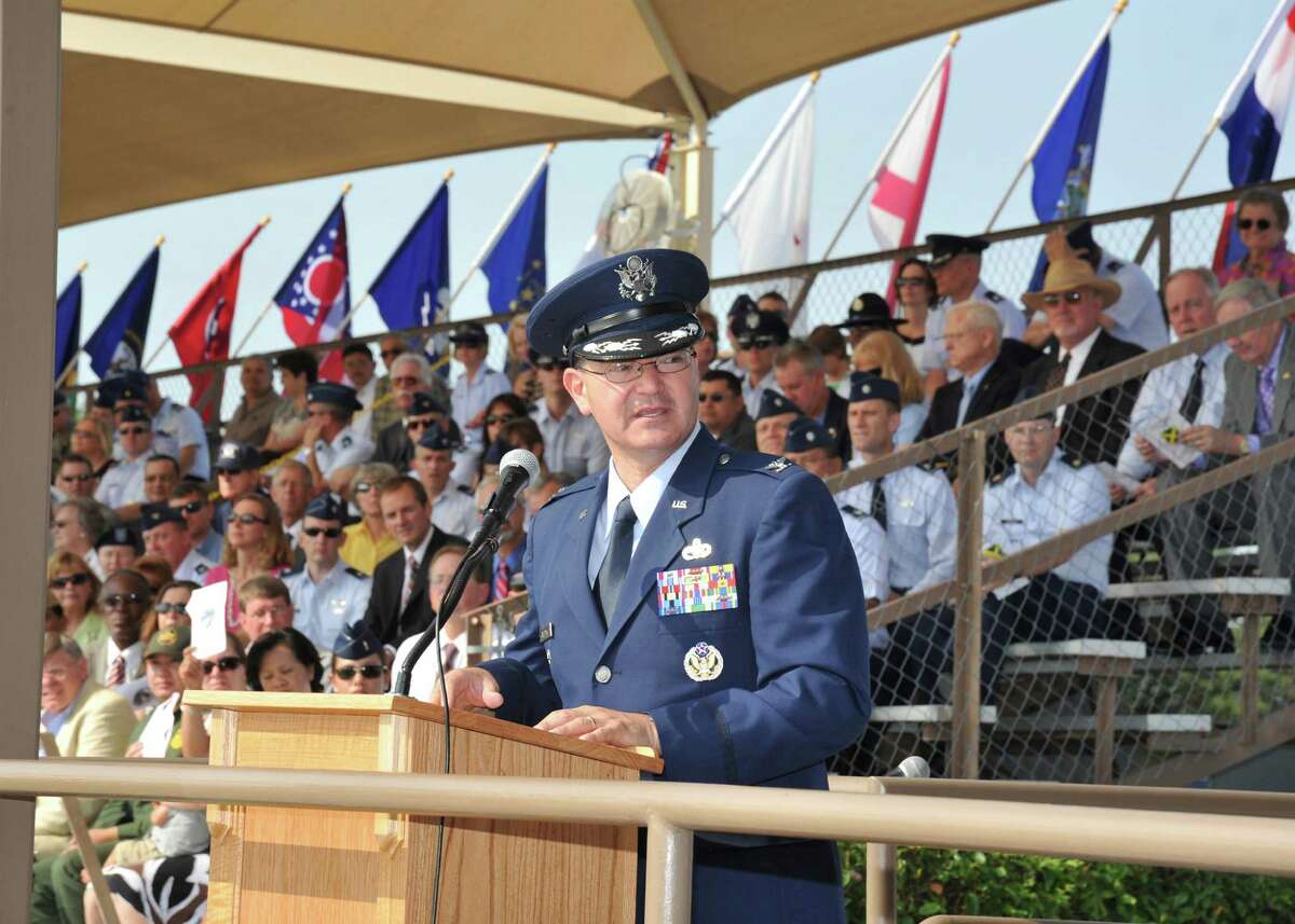Col. Eric Axelbank, 37th Training Wing commander, addresses the audience during the 37th TRW change of command ceremony June 6.
