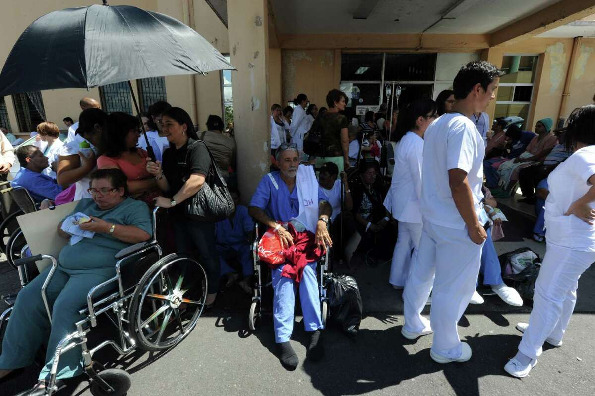 Patients of the Hospital Calderon Guardia in San Jose are evacuated after a powerful 7.6-magnitude earthquake struck near the Pacific coast of Costa Rica on September 5, 2012 briefly knocking out power and communications and triggering tsunami warnings. AFP PHOTO/Rodrigo ARANGUARODRIGO ARANGUA/AFP/GettyImages