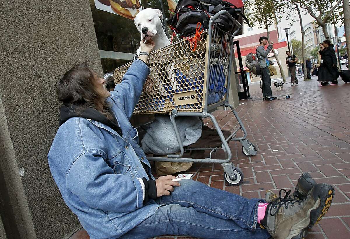 Richard, a homeless man, sat U.N. Plaza with his dog Kane.