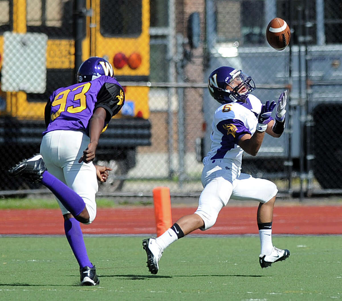 Sean Remondino makes a catch for a touchdown during Saturday's spring football game at Westhill High School on June 16, 2012.