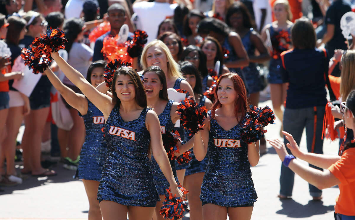 The UTSA dance team leads off a rally for the Roadrunners football team at the 1604 campus on Friday, Sept. 7, 2012. The university held their first on-campus rally for the football team on the eve of their first home game of their second season.