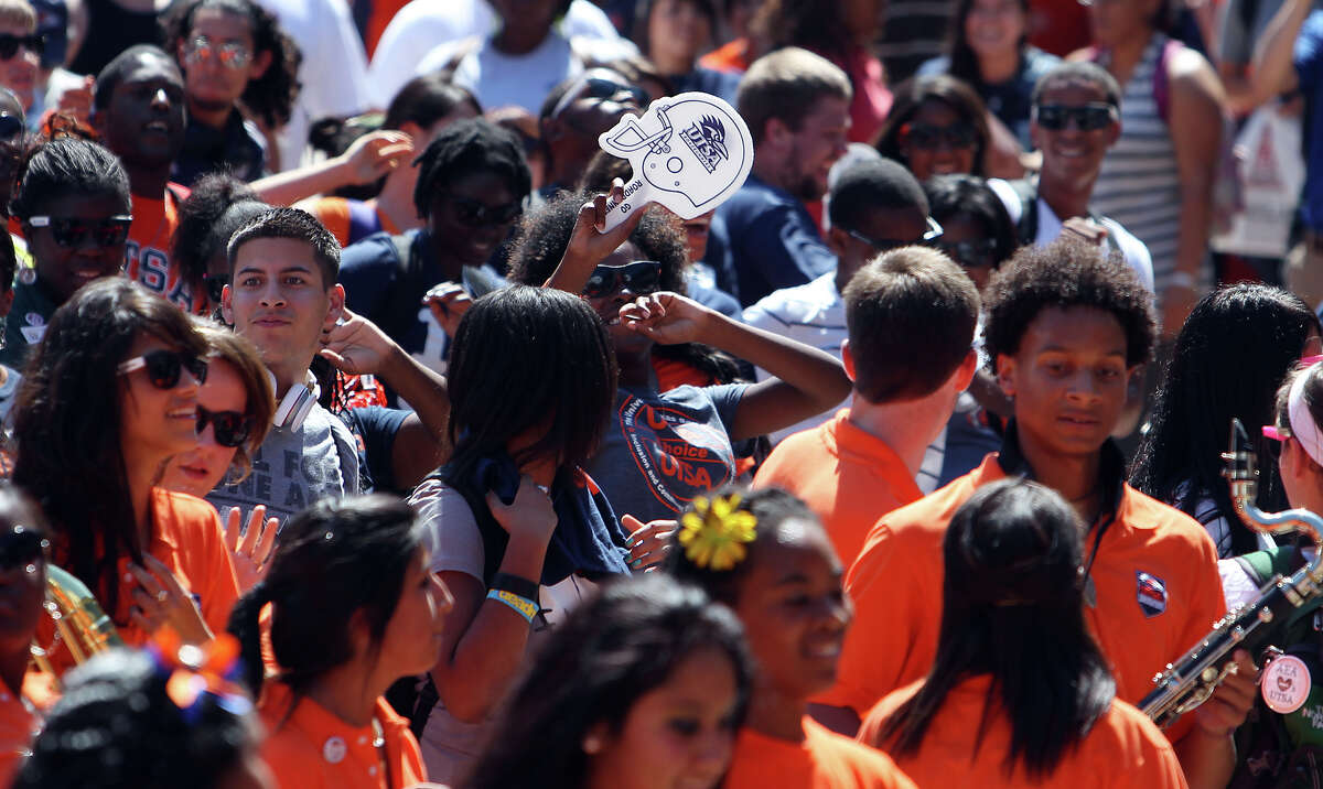 UTSA students break into an impromptu dance during a rally for the Roadrunners football team at the 1604 campus on Friday, Sept. 7, 2012. The university held their first on-campus rally for the football team on the eve of their first home game of their second season.