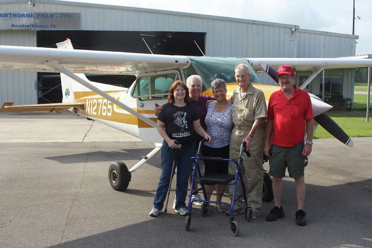 A series of events led up to a local pilot taking a WWII veteran fighter pilot for a flight over Hardin County recently. The flight was the first return to the sky for 95-year-old Vernon Knapp since being grounded after logging approximately 30,000 hours at the controls. Pictured; from left, Dr. Joyce Reed, Micki Matthews, Karen Granger, Vernon Knapp, and Dale Williford