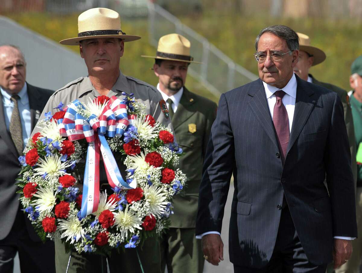 Defense Secretary Leon Panetta lays a wreath at the Flight 93 National Memorial during ceremonies commemorating the 11th anniversary of the 9/11 attacks, Monday, Sept. 10, 2012, in Shanksville, Pa. (AP Photo/Mandel Ngan, Pool)