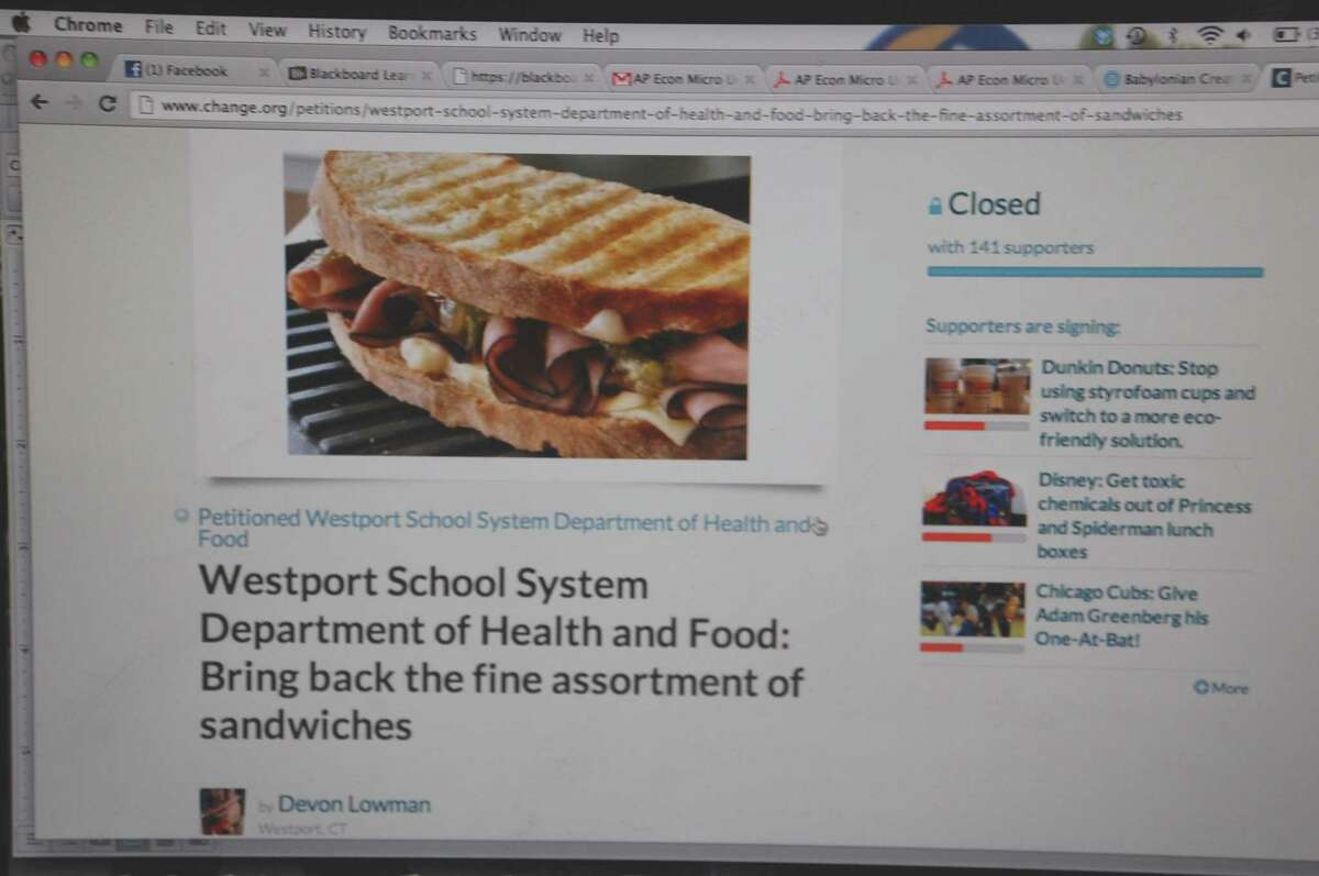 A closeup of the online petition launched by Staples High School students calling for changes in the newly adopted dietary guidelines for sandwiches served for lunch at the school.