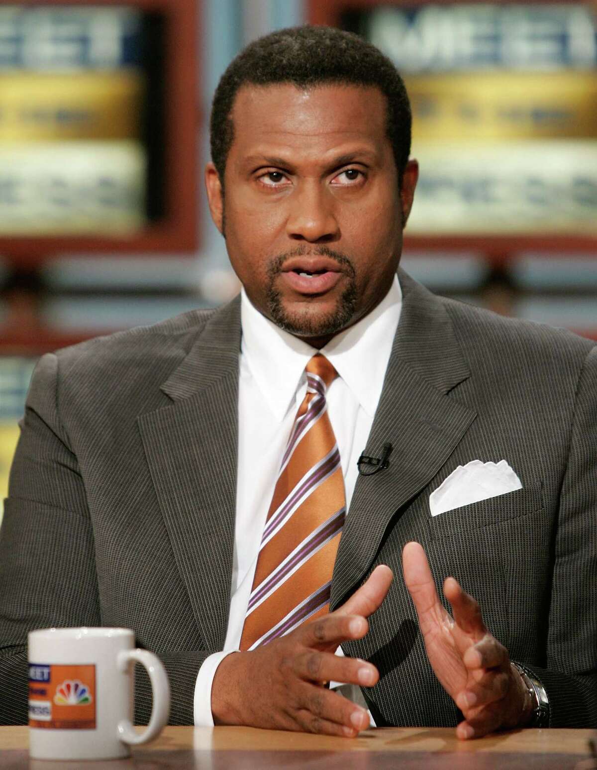 WASHINGTON - JULY 01: Tavis Smiley, host of PBS's "The Tavis Smiley Show," is interviewed by moderator Tim Russert during a taping of "Meet the Press" at the NBC Studios July 1, 2007 in Washington, DC. Smiley spoke on various topics including the U.S. presidential election in 2008. (Photo by Alex Wong/Getty Images for Meet the Press)