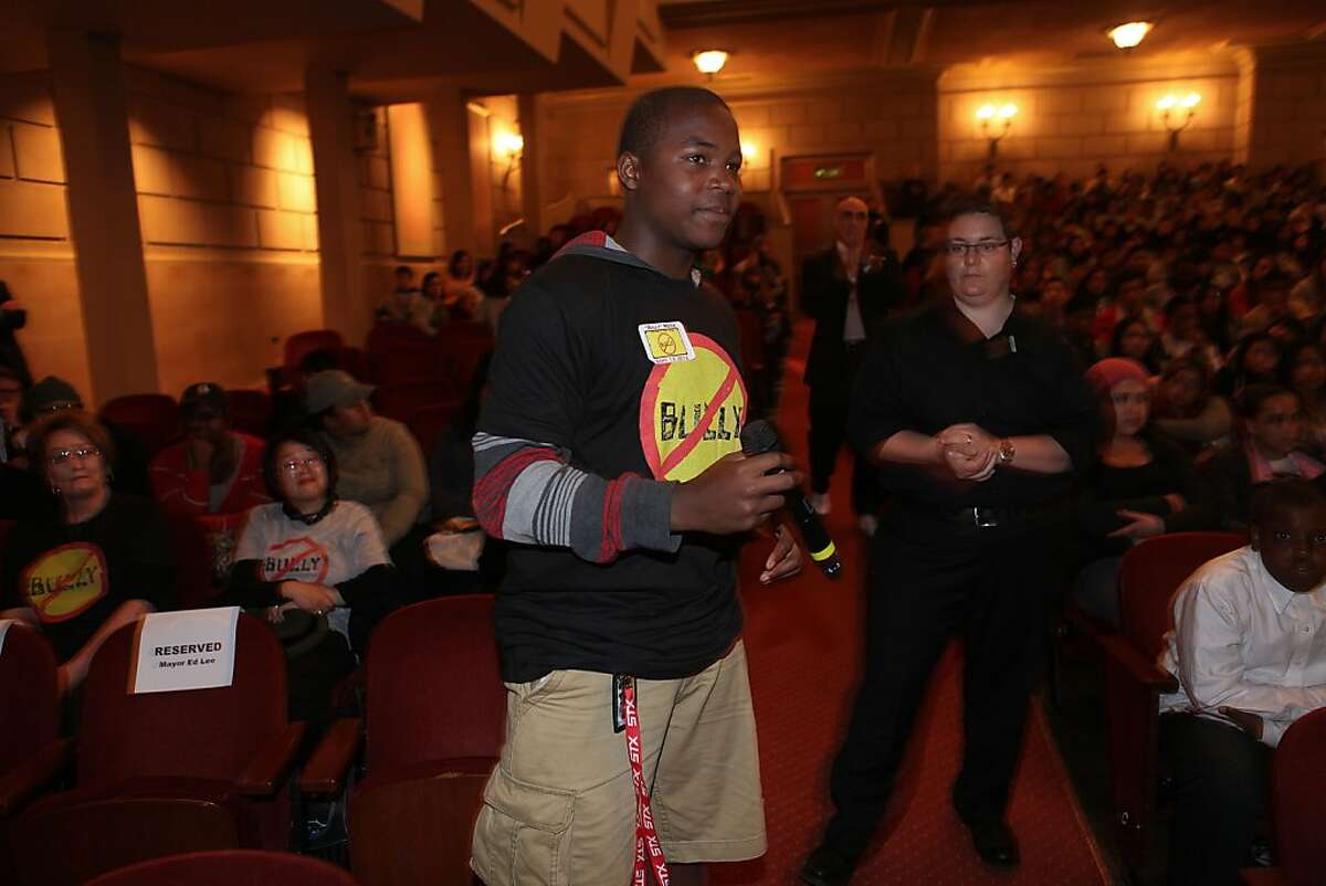 Delvon Carter, 14 years old, from George Washington High School asks a question about the movie "Bully" at Herbst Theater in San Francisco, Calif., on Thursday, September 13, 2012.