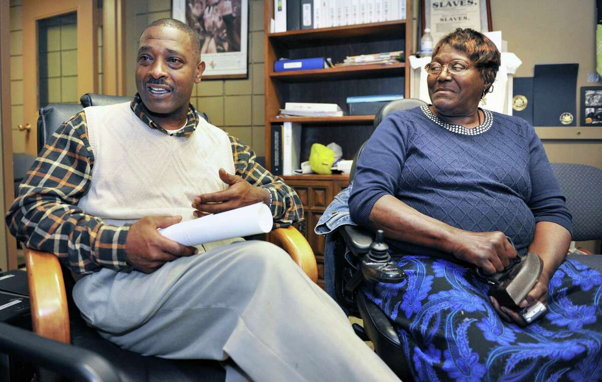 A Village organizers Willie White, left, and Bessie Thompson discuss plans for Saturday's Mississippi Day Celebration at their offices in Albany Thursday Sept. 13, 2012. (John Carl D'Annibale / Times Union)