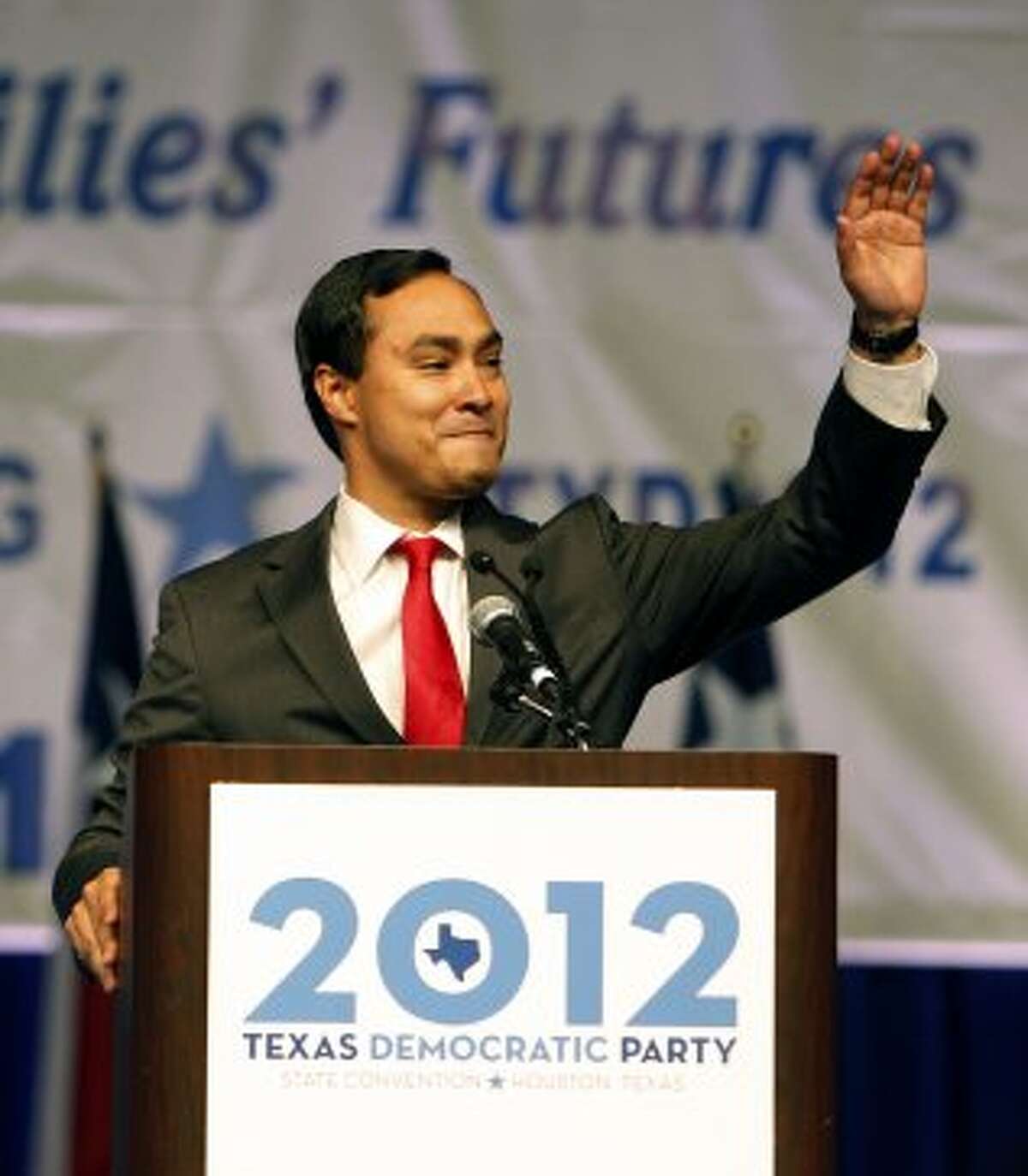 Democratic Congressional Candidate Joaquin Castro speaks prior to introducing his twin brother and San Antonio Mayor Julian Castro during the the 2012 Texas Democratic Party State Convention at the George R. Brown Convention Center Friday, June 8, 2012, in Houston. (James Nielsen / Chronicle)