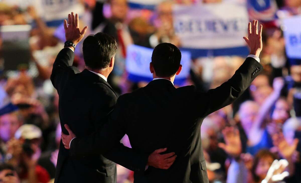 TAMPA, FL - AUGUST 30: Republican presidential candidate, former Massachusetts Gov. Mitt Romney (L) and Republican vice presidential candidate, U.S. Rep. Paul Ryan (R-WI) wave on stage after accepting the nomination during the final day of the Republican National Convention at the Tampa Bay Times Forum on August 30, 2012 in Tampa, Florida. Former Massachusetts Gov. Mitt Romney was nominated as the Republican presidential candidate during the RNC which will conclude today. (Joe Raedle / Getty Images)