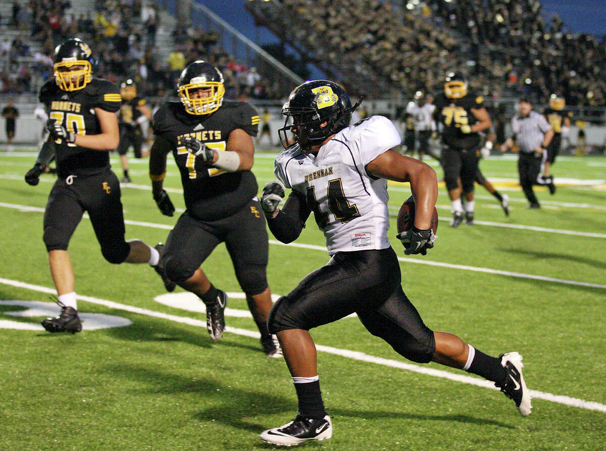 Brennan's Grant Watanabe heads up field against East Central after an interception during first half action Friday Sept. 14, 2012 at Hornet Stadium.