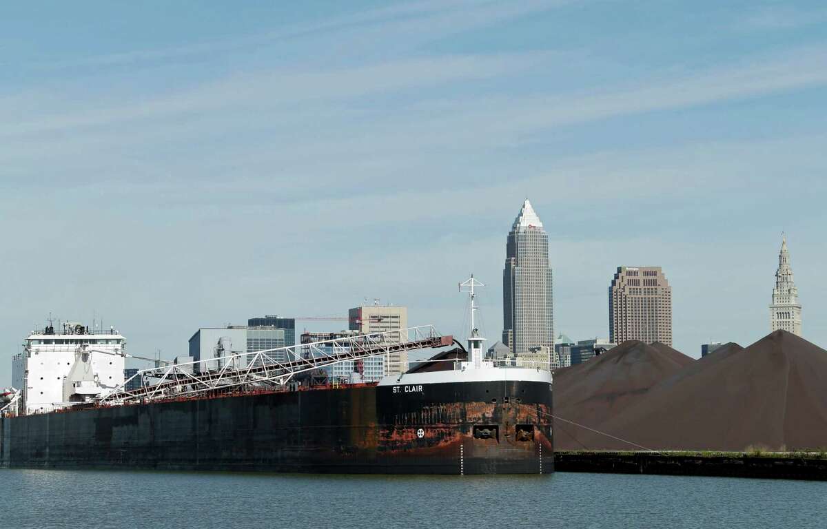 The 770-foot St. Clair offloads taconite at the pellet terminal on Lake Erie in Cleveland last week. Increased commercial cargo traffic in the six-state Ohio River Valley region reflects economic progress in the area.